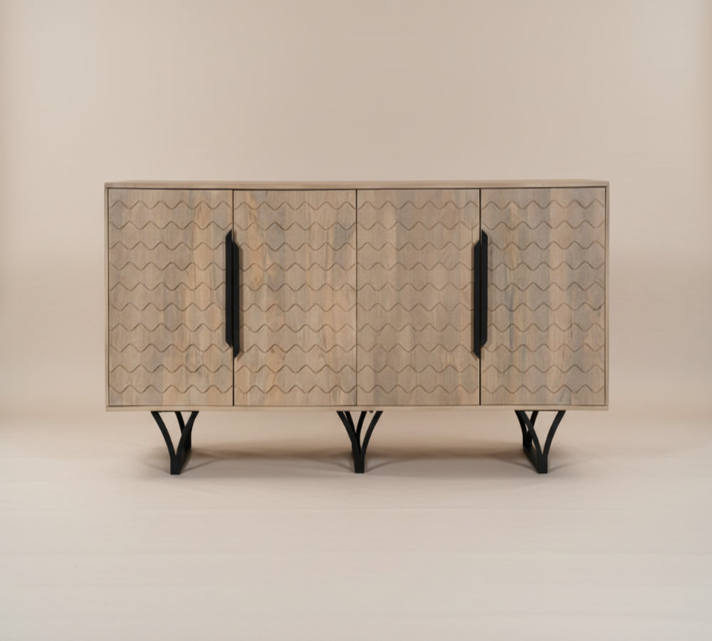 84" Beige Wood Waves Sideboard with 4 Doors