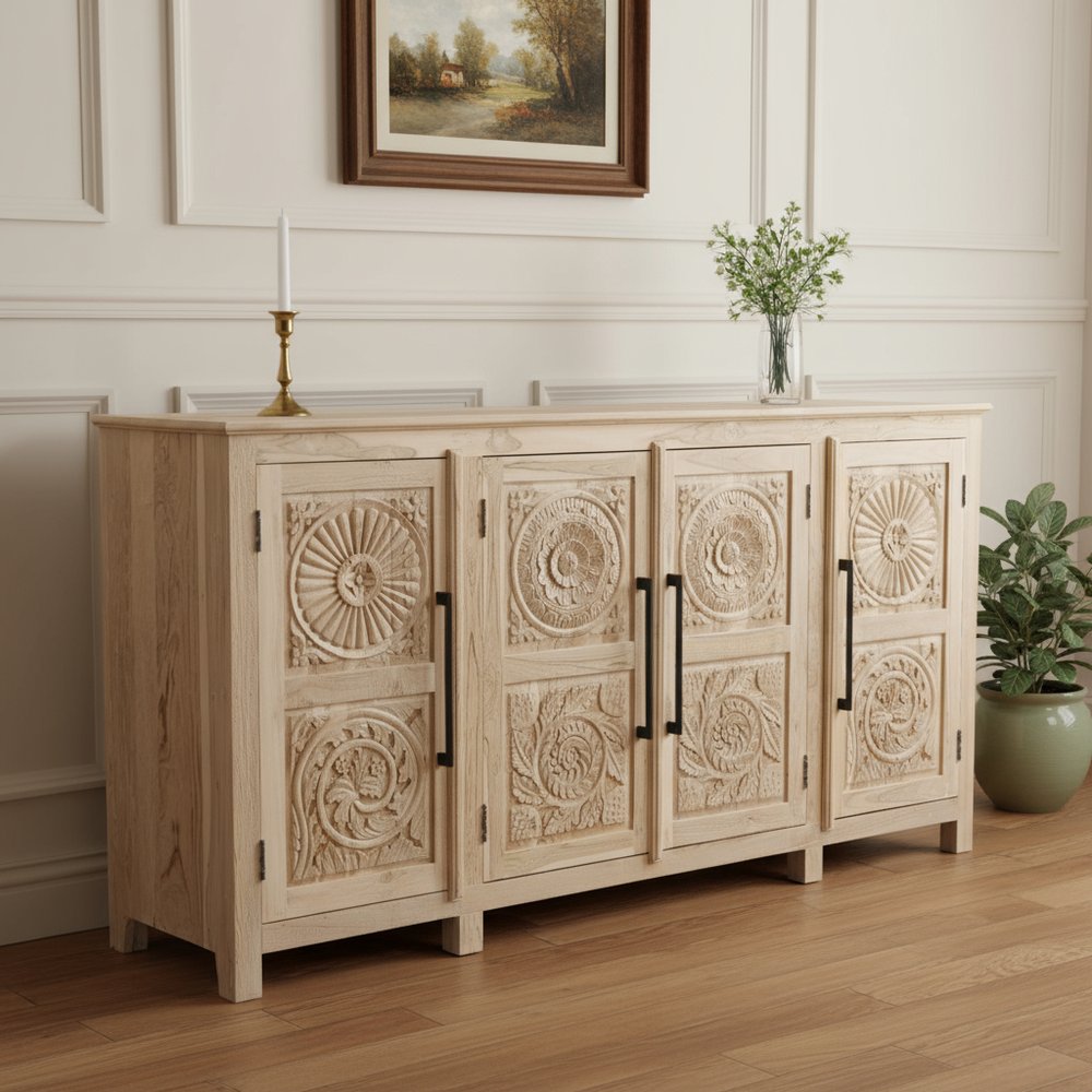74" Natural Wood Floral Carved Sideboard