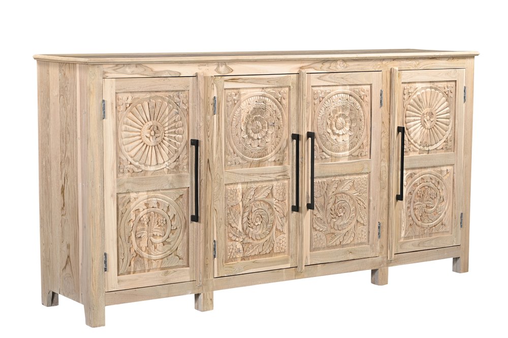 74" Natural Wood Floral Carved Sideboard