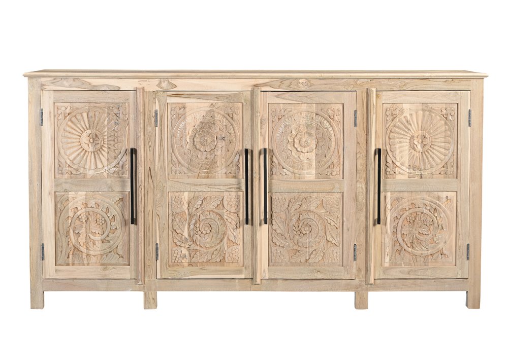 74" Natural Wood Floral Carved Sideboard