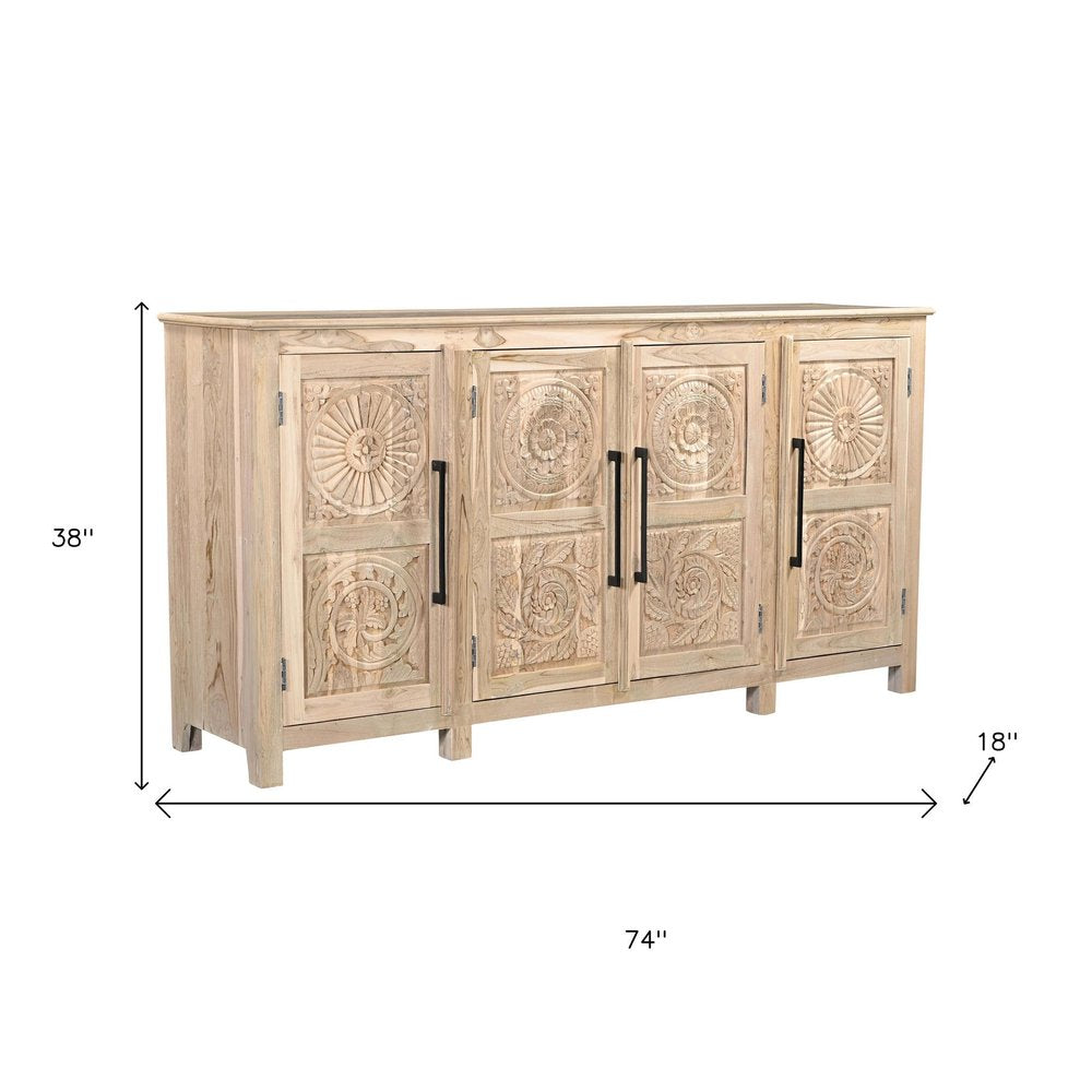 74" Natural Wood Floral Carved Sideboard