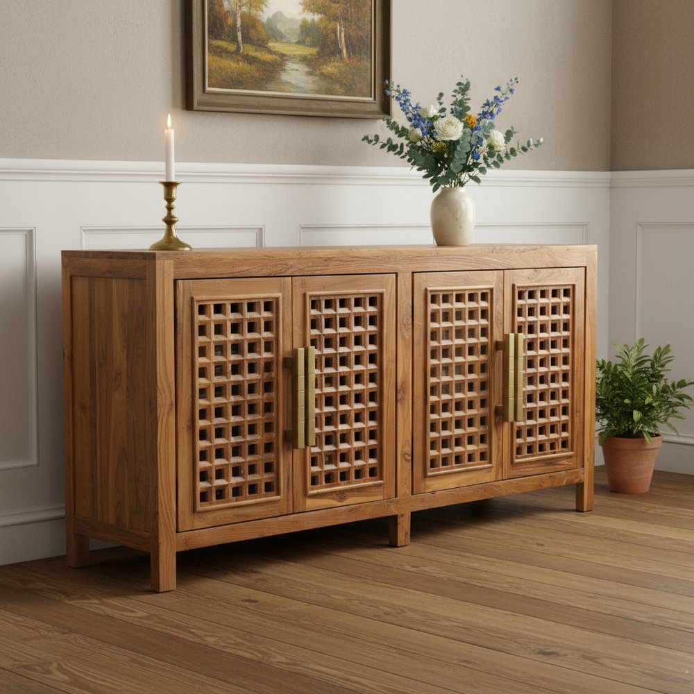 71" Brown Grate Doors Wood Sideboard