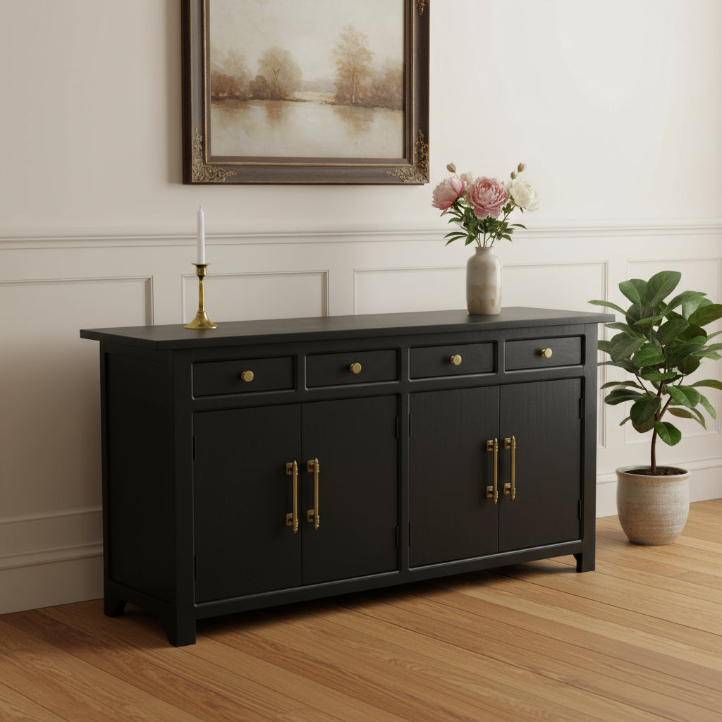 79" Distressed Wood Paneled Four Drawer Sideboard