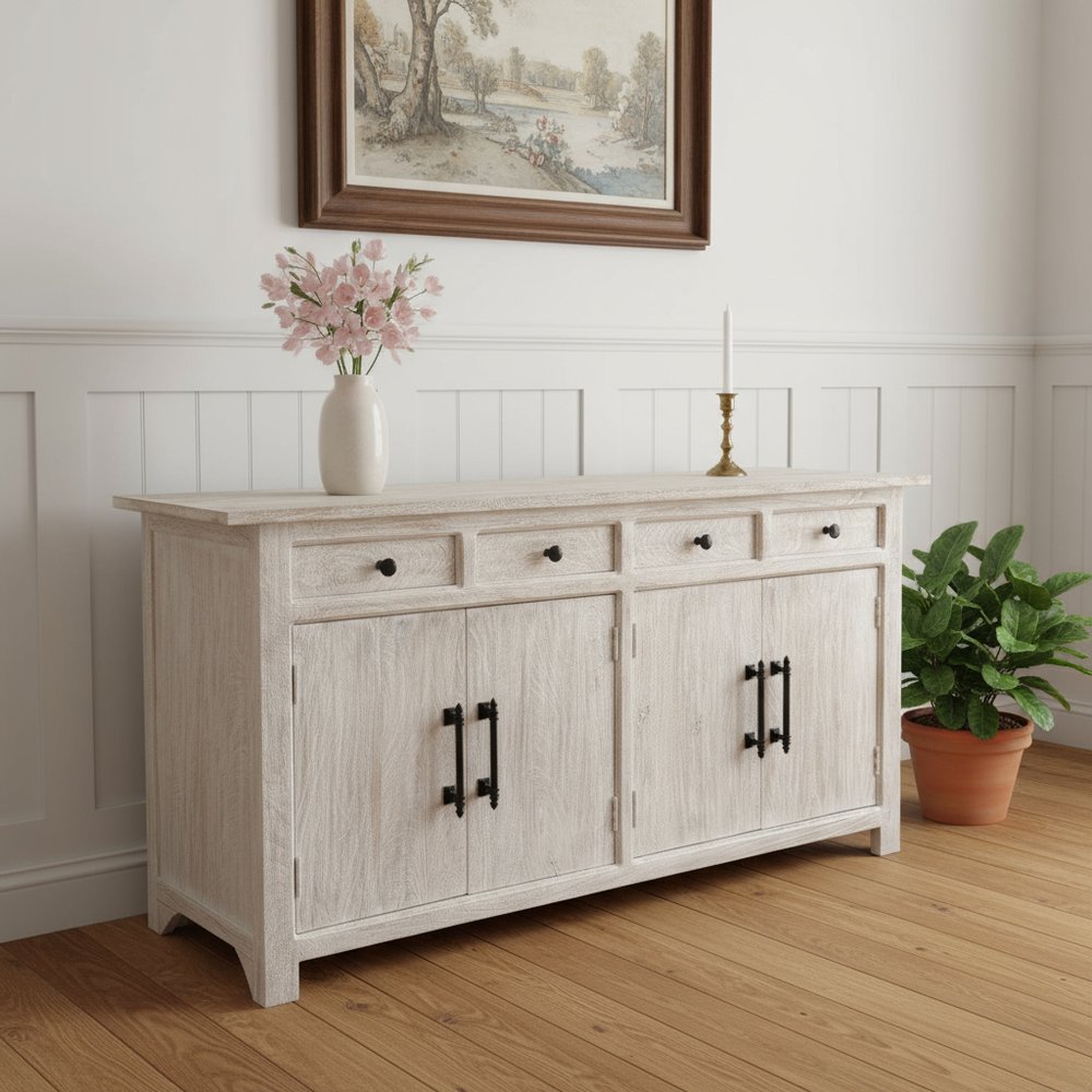79" Distressed Wood Paneled Four Drawer Sideboard