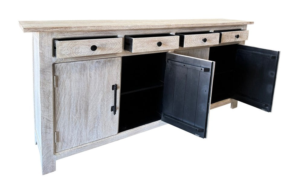 79" Distressed Wood Paneled Four Drawer Sideboard