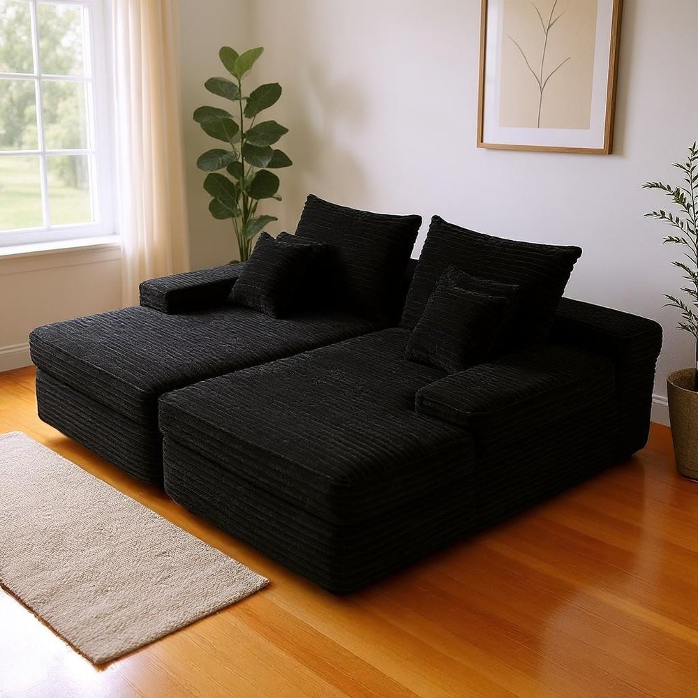 82" Black Corduroy Oversized Modular Chaise Sofa with Pillows