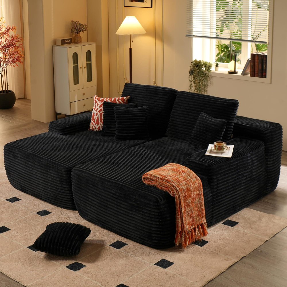 82" Black Corduroy Oversized Modular Chaise Sofa with Pillows
