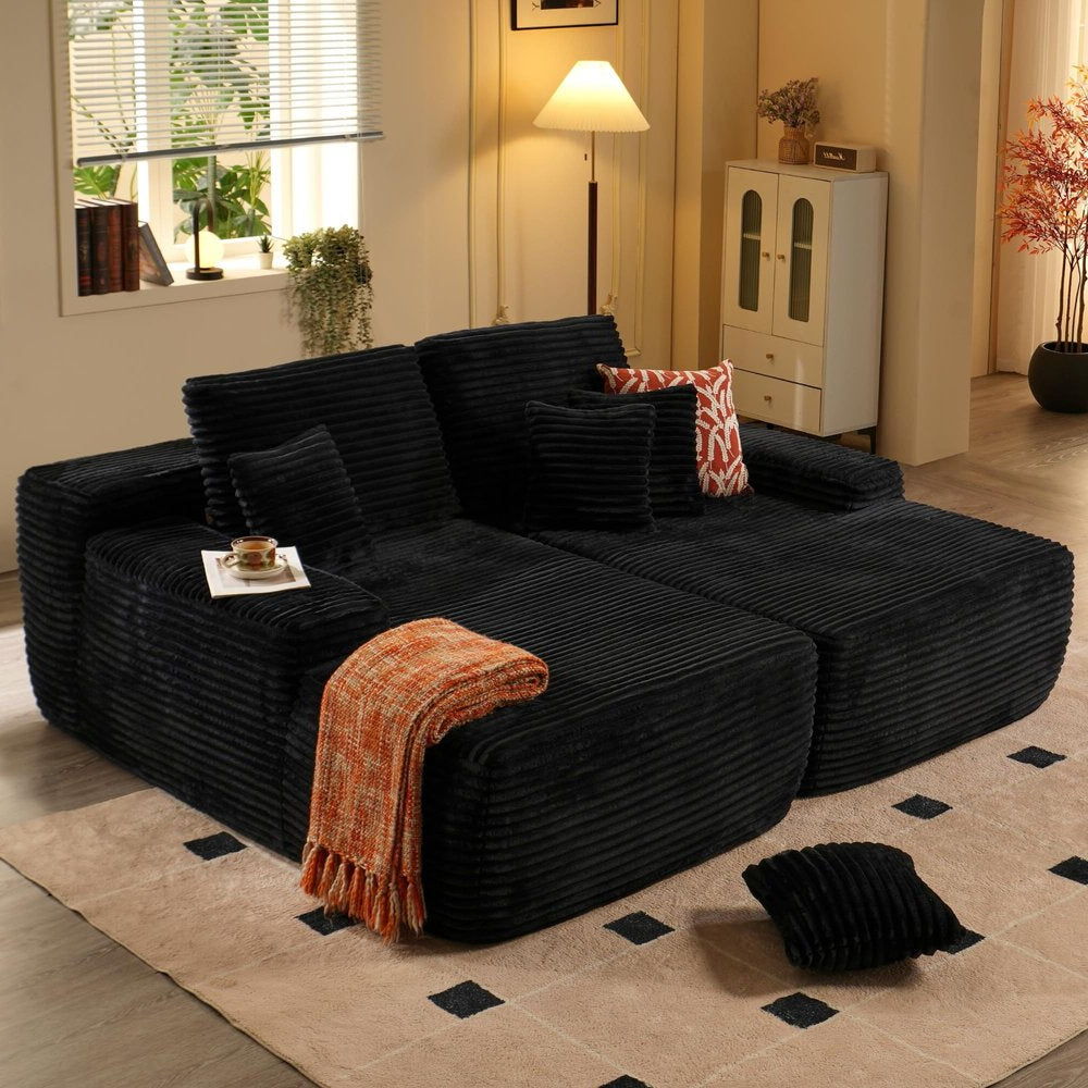 82" Black Corduroy Oversized Modular Chaise Sofa with Pillows
