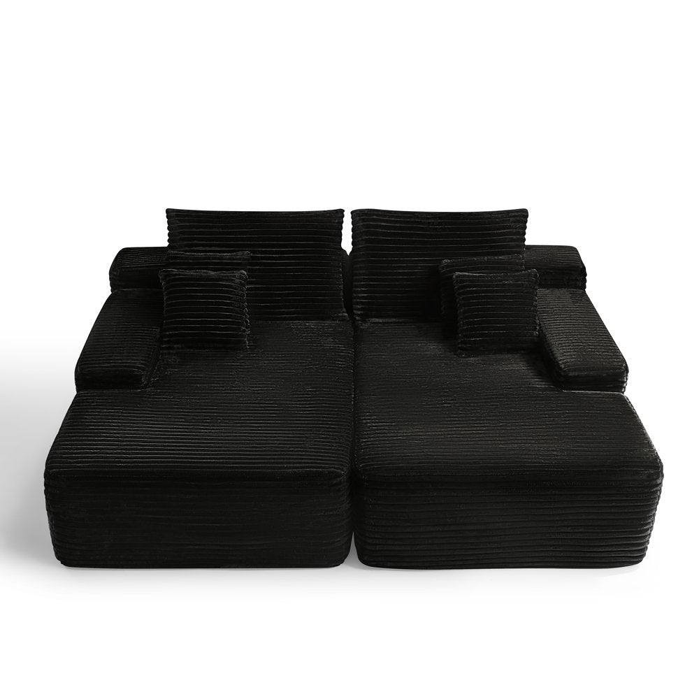 82" Black Corduroy Oversized Modular Chaise Sofa with Pillows