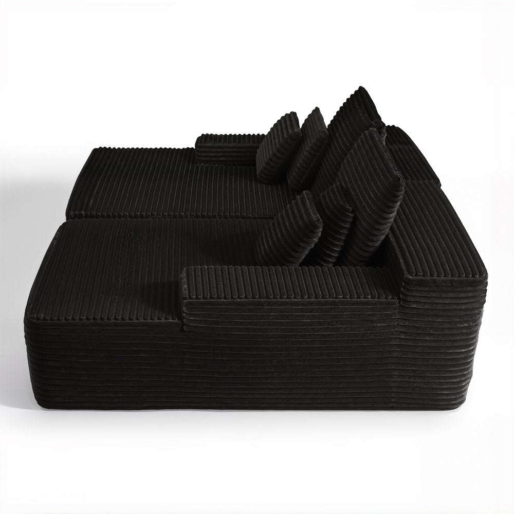 82" Black Corduroy Oversized Modular Chaise Sofa with Pillows