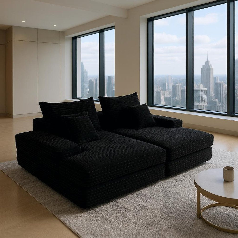 82" Black Corduroy Oversized Modular Chaise Sofa with Pillows