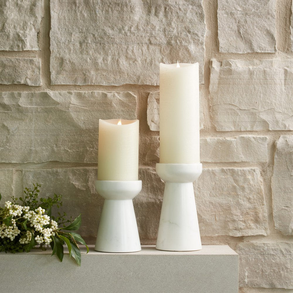 Set of Two White and Gray Marble Pillar Candle Holders