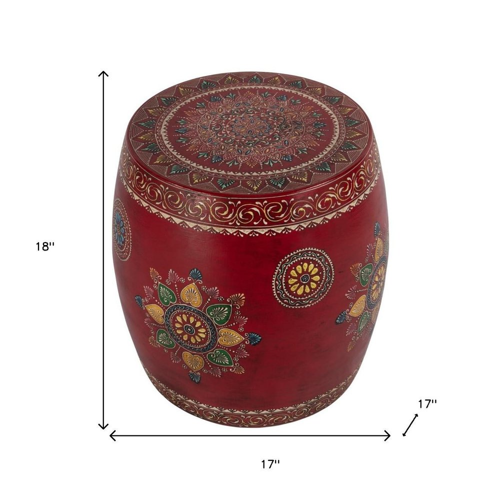 18" Red Iron Hand Painted Floral Drum End Table