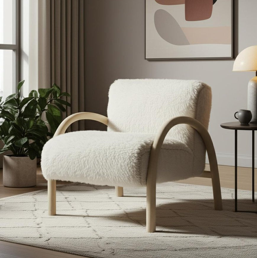 30" Off White Faux Fur Arched Wood Arm Armchair