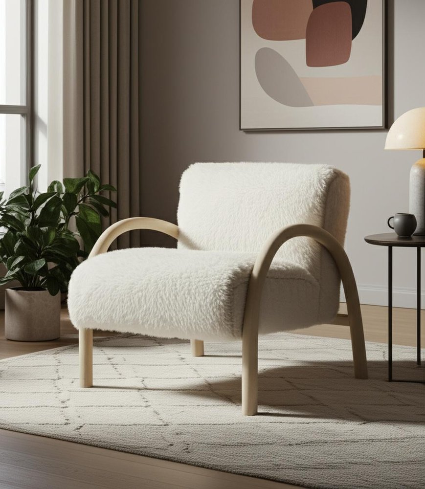 30" Off White Faux Fur Arched Wood Arm Armchair
