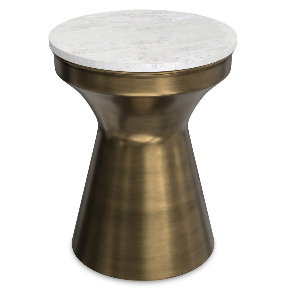 18" Antiqued Brass and White Round Pedestal End Table
