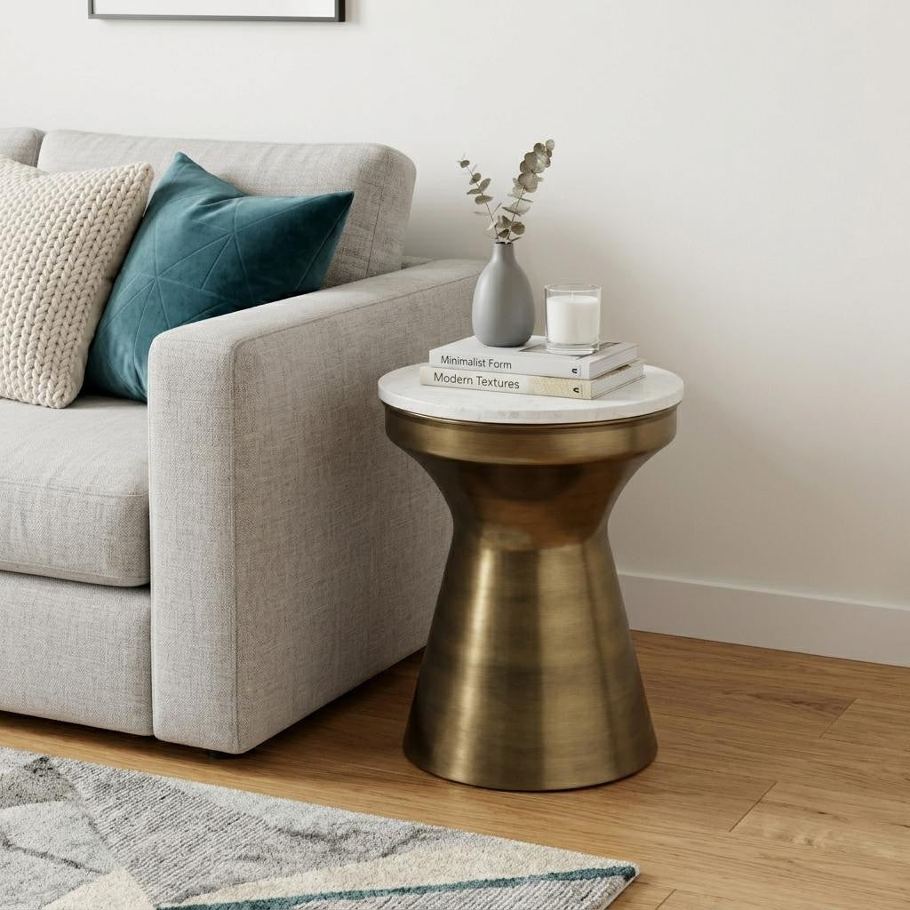 18" Antiqued Brass and White Round Pedestal End Table
