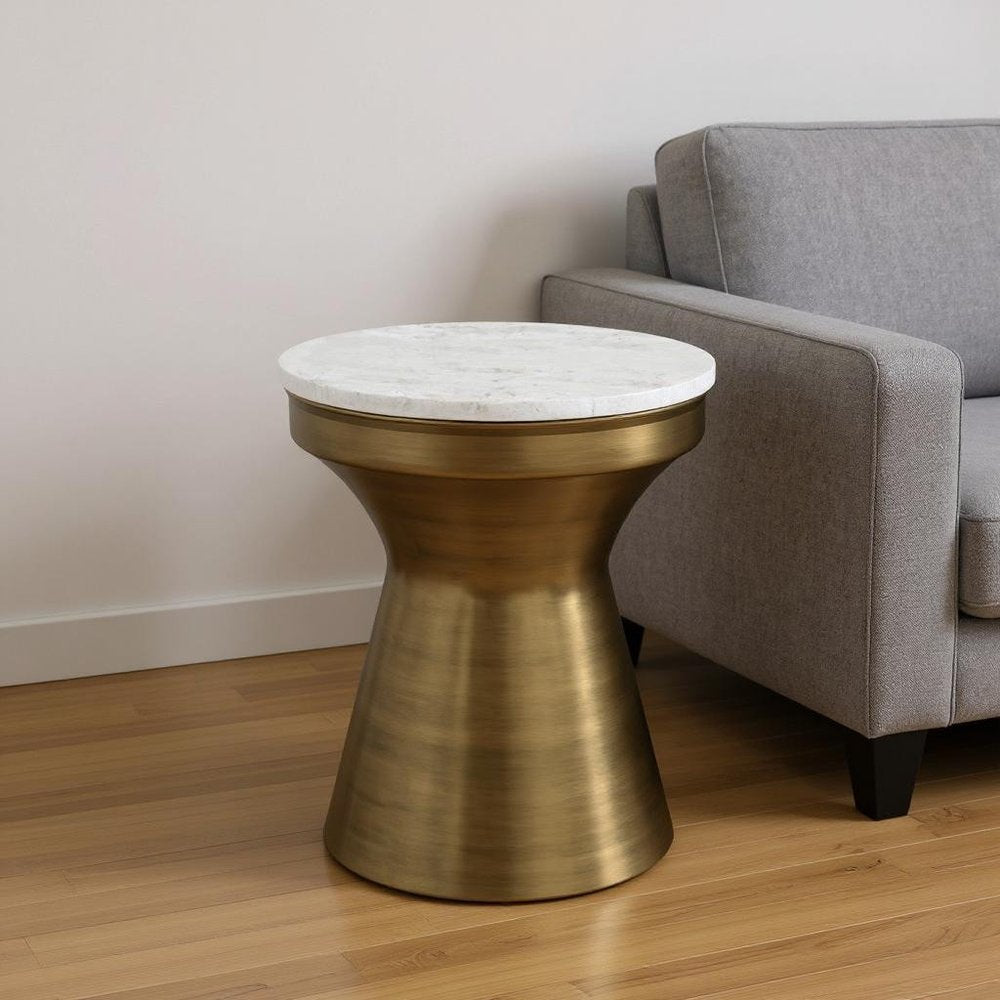 18" Antiqued Brass and White Round Pedestal End Table