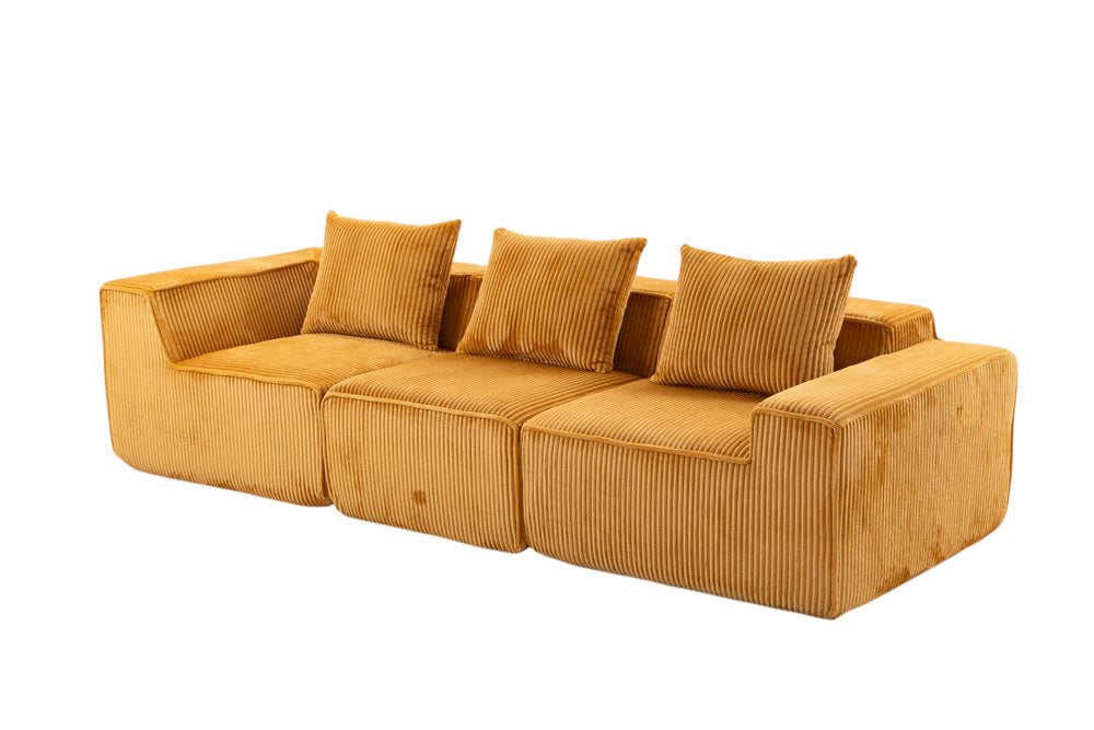 111" Gold Corduroy Modular Ribbed Sofa with Toss Pillows