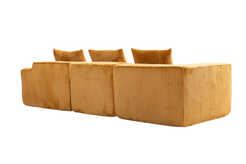 111" Gold Corduroy Modular Ribbed Sofa with Toss Pillows