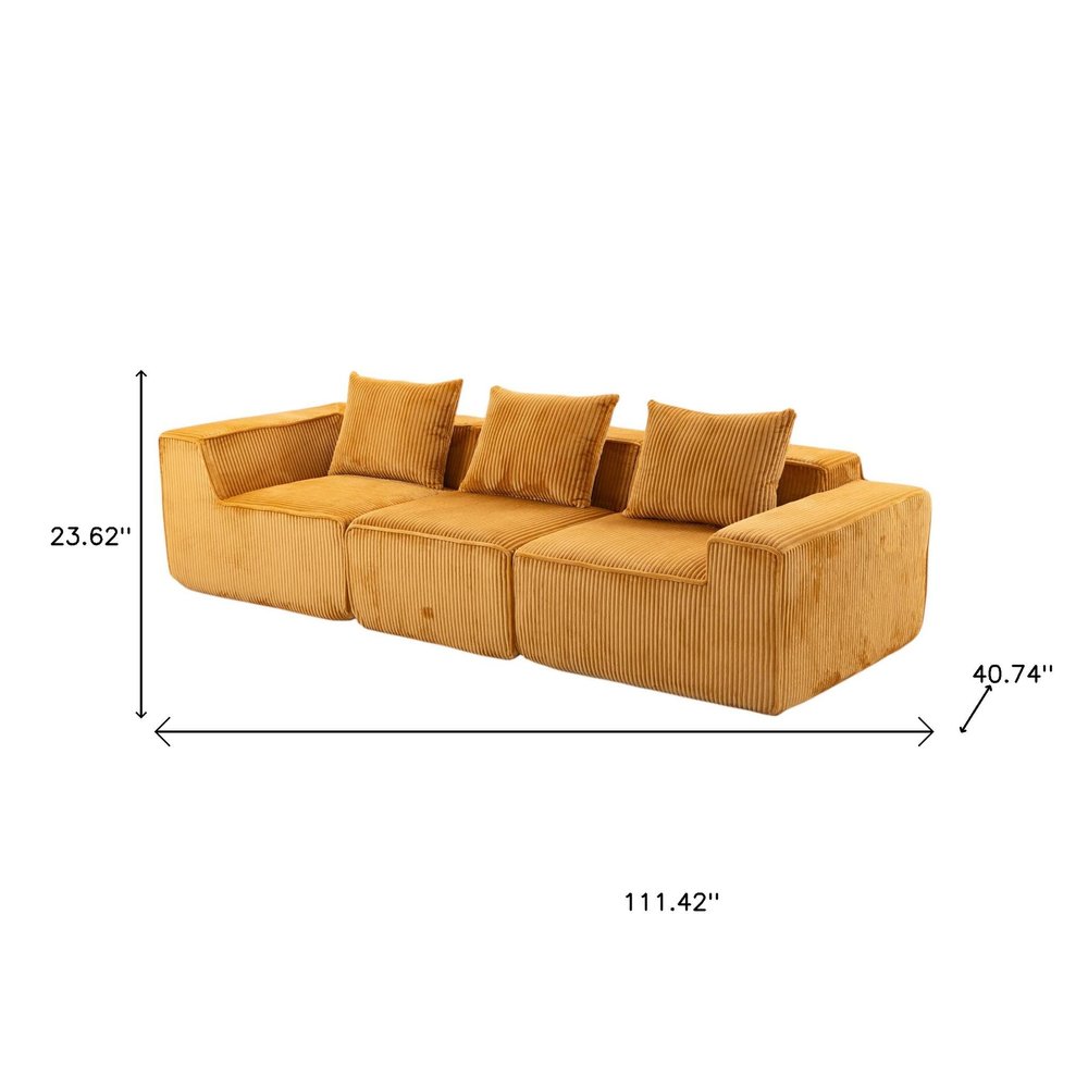 111" Gold Corduroy Modular Ribbed Sofa with Toss Pillows