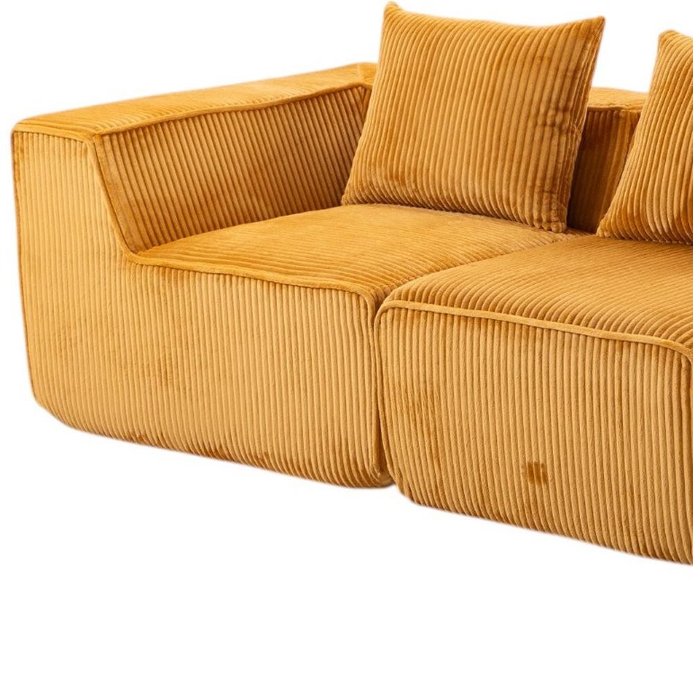 111" Gold Corduroy Modular Ribbed Sofa with Toss Pillows