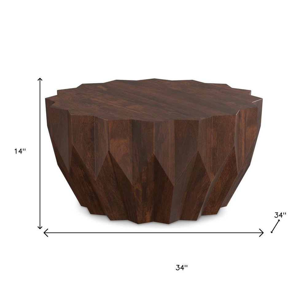 34" Dark Brown Carved Geometric Coffee Table