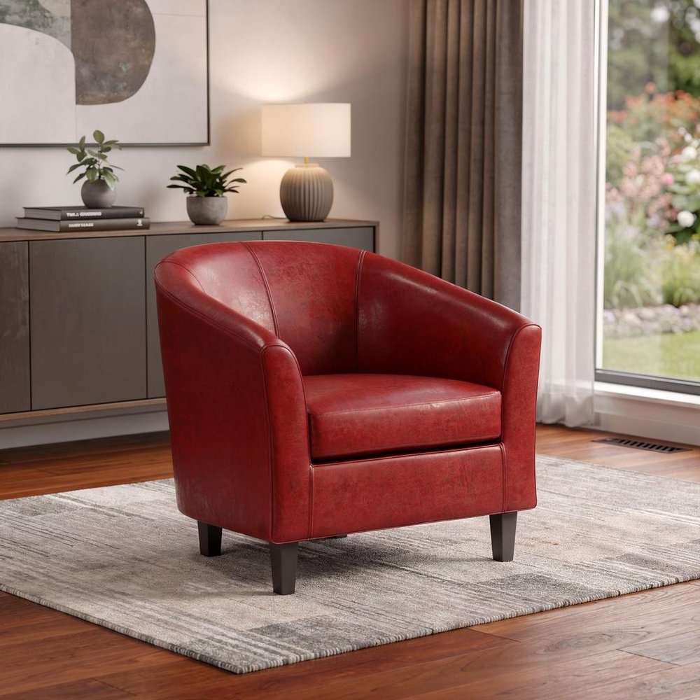 30" Red and Brown Leather Barrel Chair