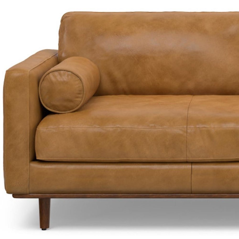 89" Leather Mid-Century Sofa with Toss Pillows