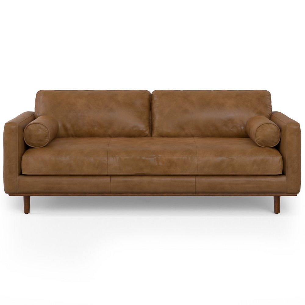 89" Leather Mid-Century Sofa with Toss Pillows