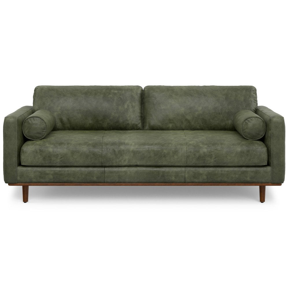 89" Leather Mid-Century Sofa with Toss Pillows