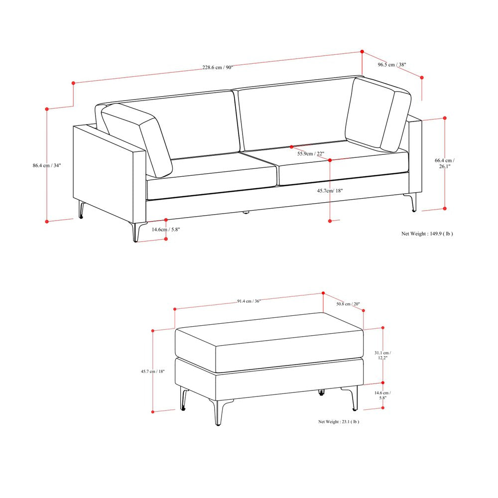 90" Simple Track Arm Sofa with Ottoman