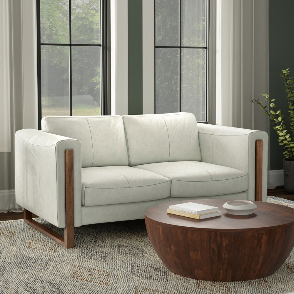 62" Light Gray Leather Exposed Leg Loveseat