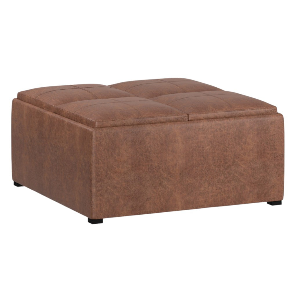 35" Leather Checker Cocktail Ottoman with Storage