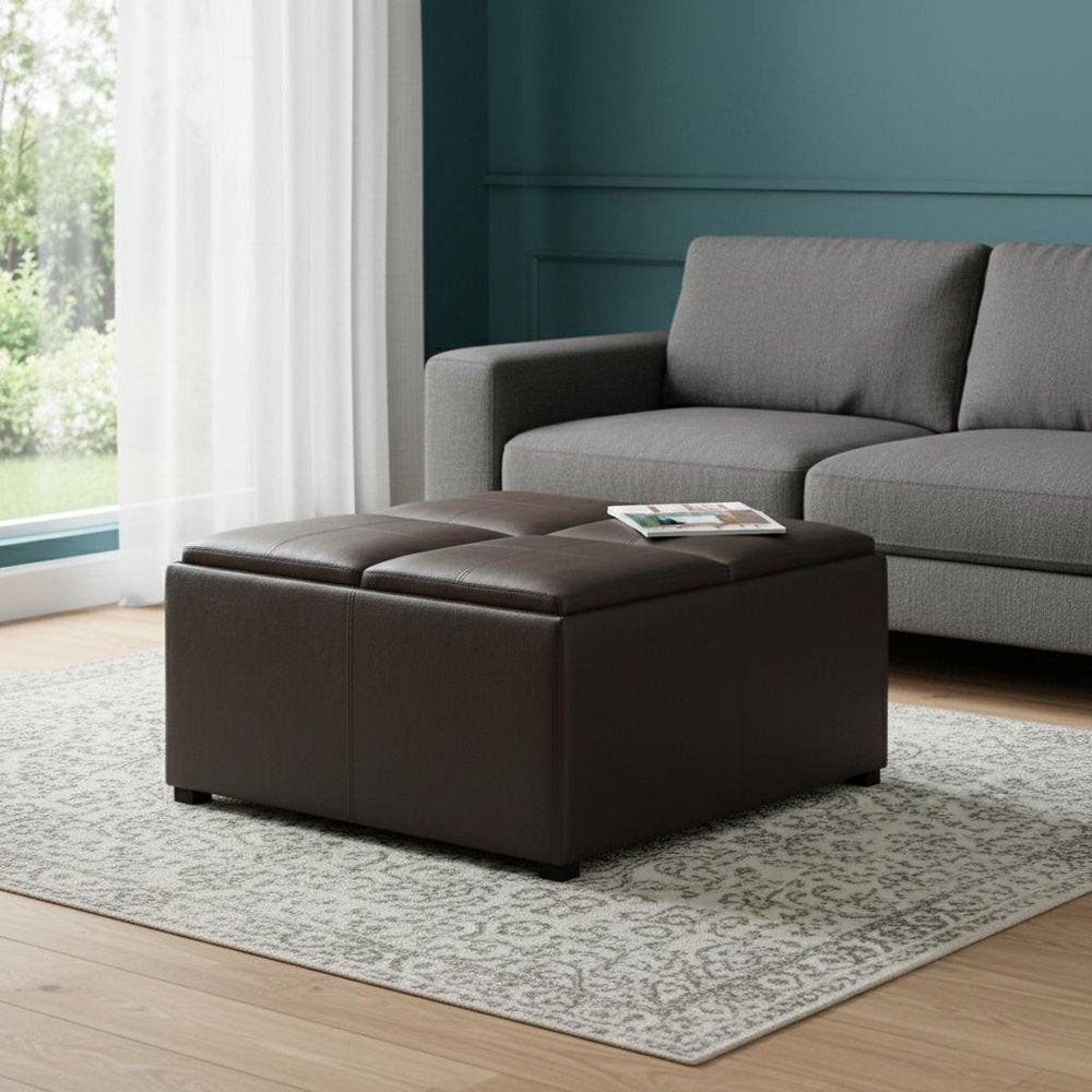 35" Leather Checker Cocktail Ottoman with Storage