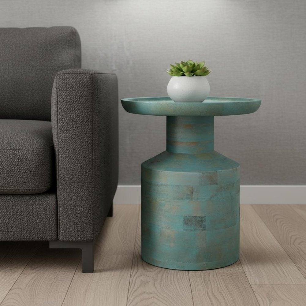 18" Teal Wood Round Pedestal End Table