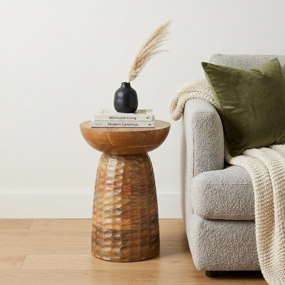 18" Textured Wood Pedestal End Table