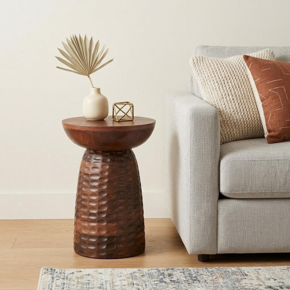 18" Textured Wood Pedestal End Table