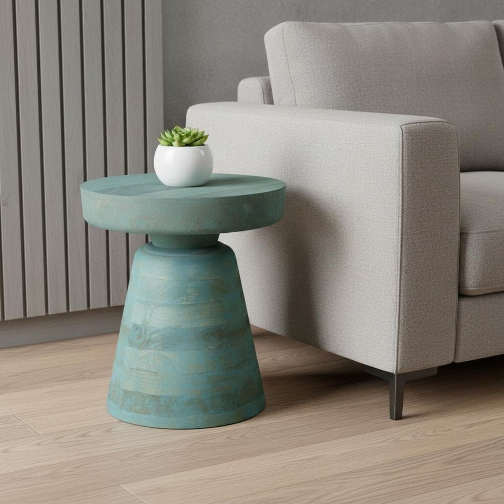 18" Teal Wood Pedestal End Table