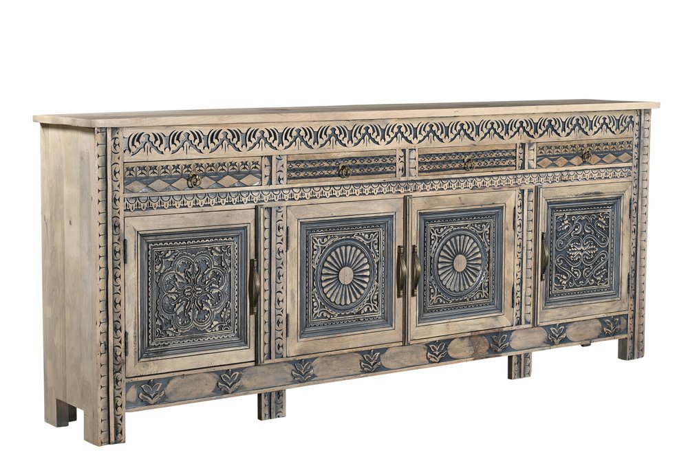102" Natural Distressed Wood Carved Sideboard