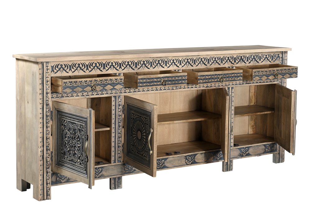 102" Natural Distressed Wood Carved Sideboard