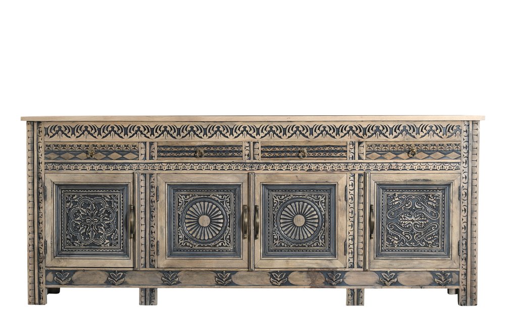 102" Natural Distressed Wood Carved Sideboard