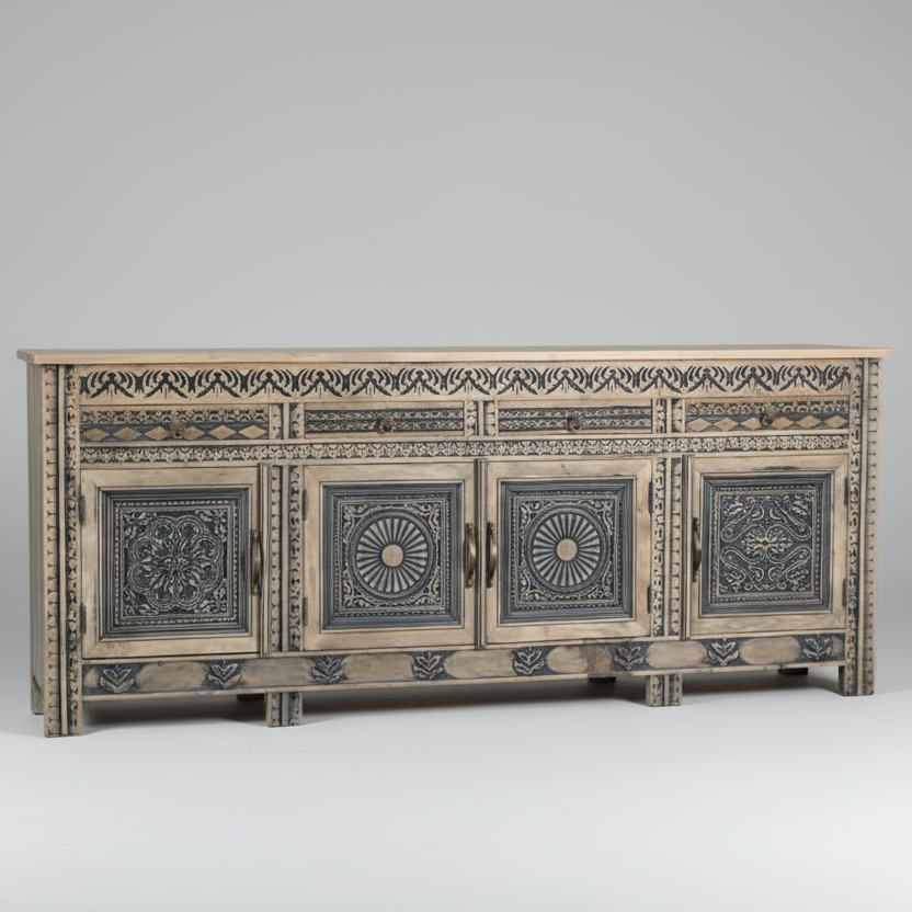 102" Natural Distressed Wood Carved Sideboard
