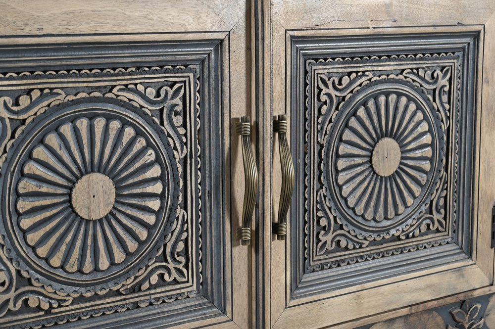 102" Natural Distressed Wood Carved Sideboard