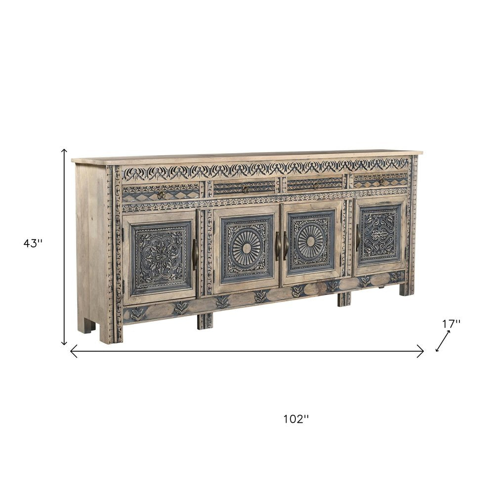 102" Natural Distressed Wood Carved Sideboard