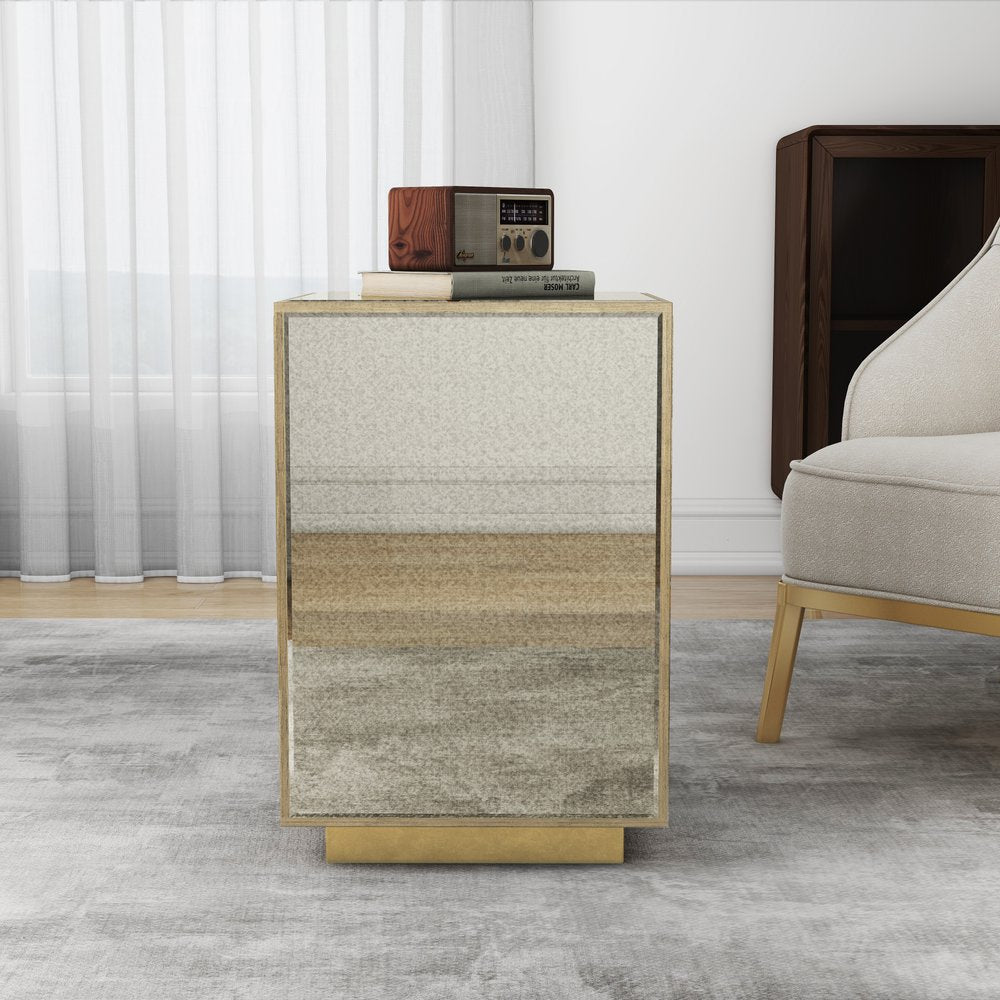 22" Silver and Gold Mirrored Glass Block End Table