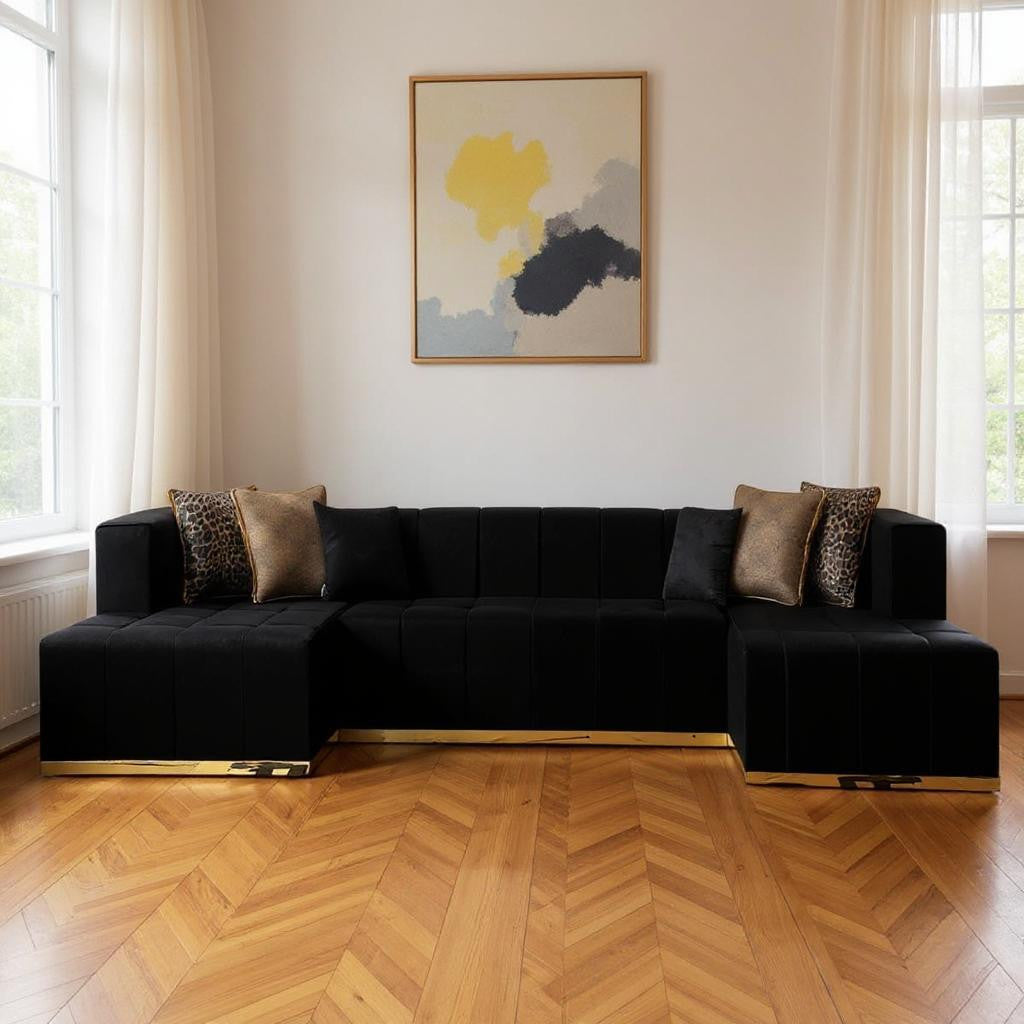 140" 3 pc. U-Shaped Tufted Velvet Deco Sectional Sofa
