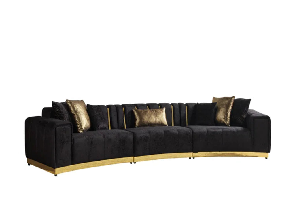 3 pc. 140" Curved Velvet Deco Sectional with Gold Trim
