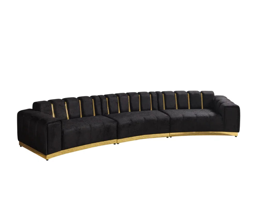140" 3 pc. Curved Velvet Deco Sectional with Gold Trim