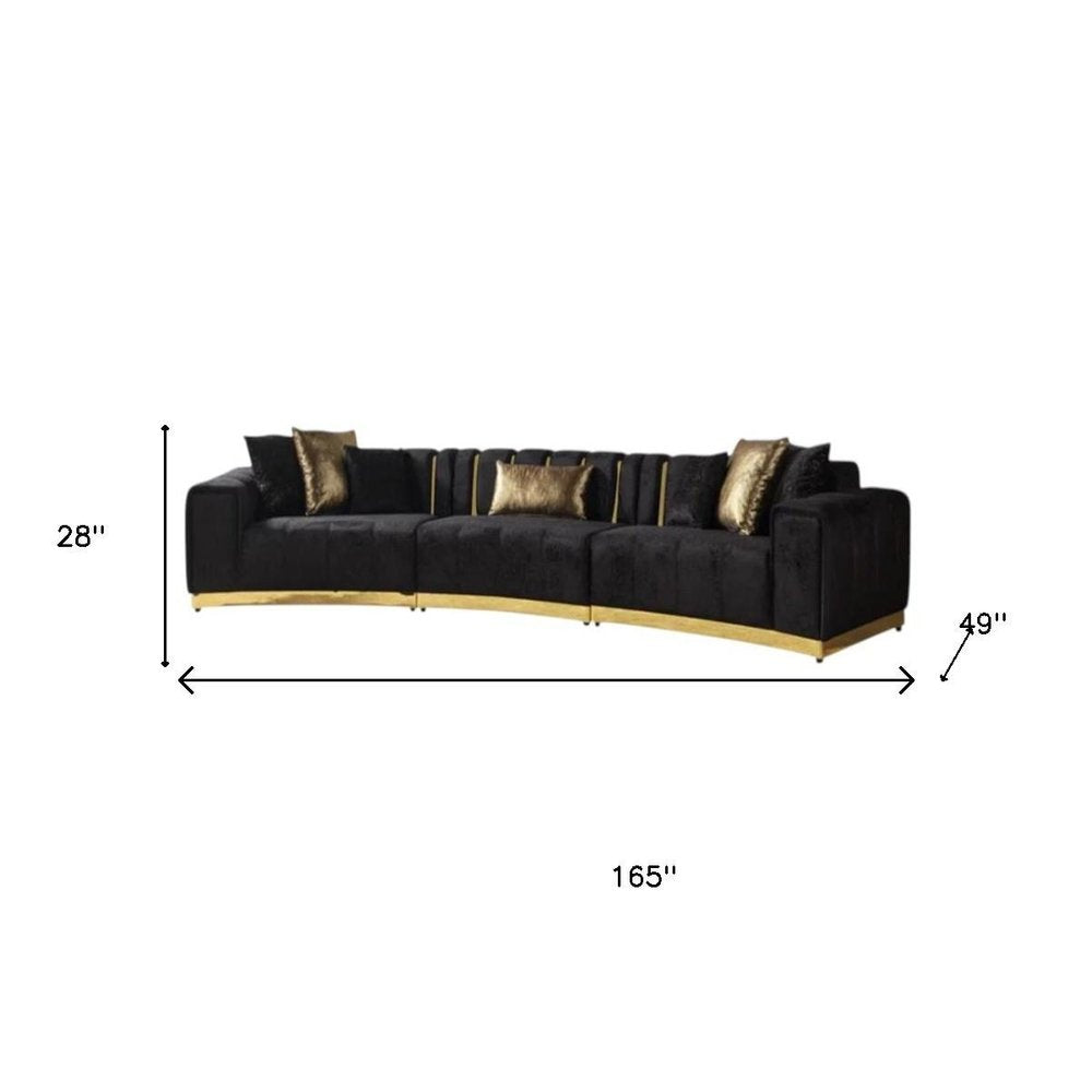 3 pc. 140" Curved Velvet Deco Sectional with Gold Trim